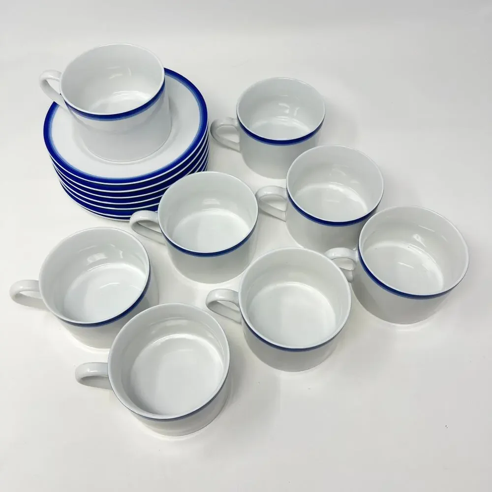 Crate and Barrel CBL16 Flat Cup Saucer Set of 8 Blue Rim White Porcelain Vintage
